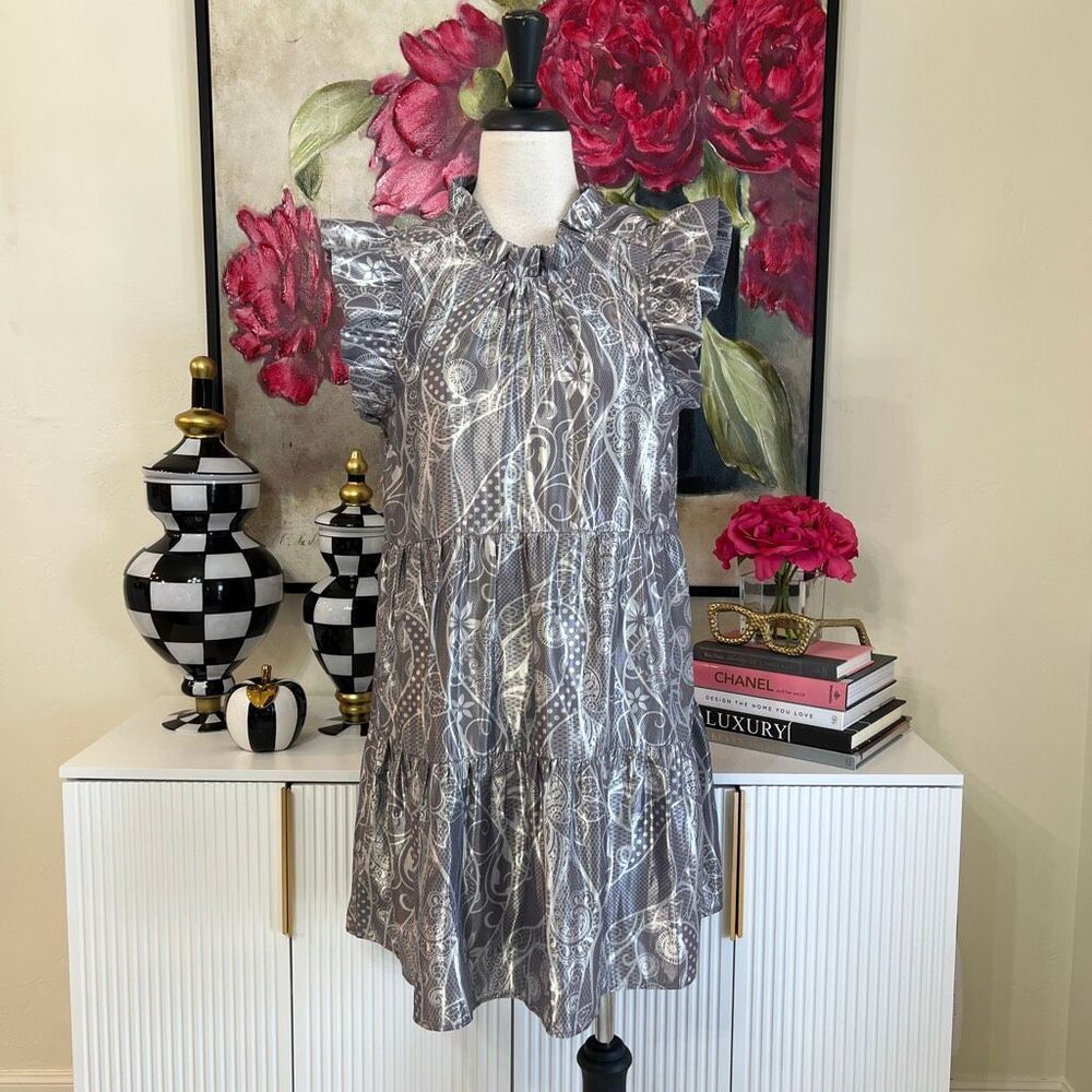 Marie Oliver Women's Metallic Paisley Tiered Ruffle Taren Dress Foil Small NWT